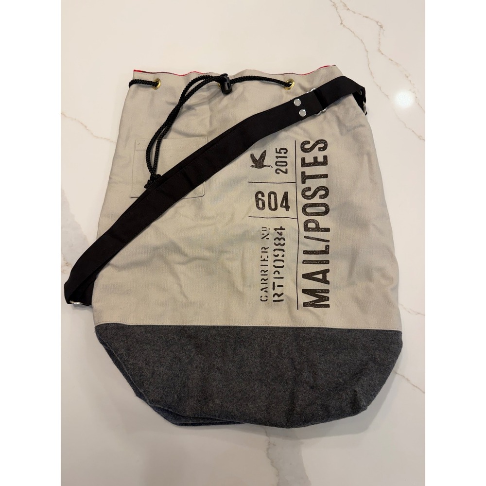 Canada Post Mail Postes Canvas Drawstring Bag Buffalo Plaid Lining Grey Cream